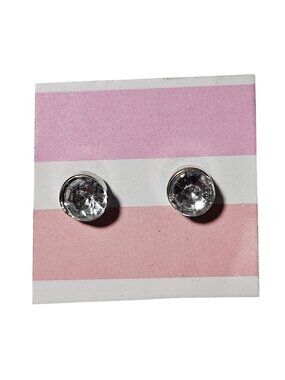 Clear Rhinestone Stud Earrings Silver Tone Round Faceted Solitaire Classic